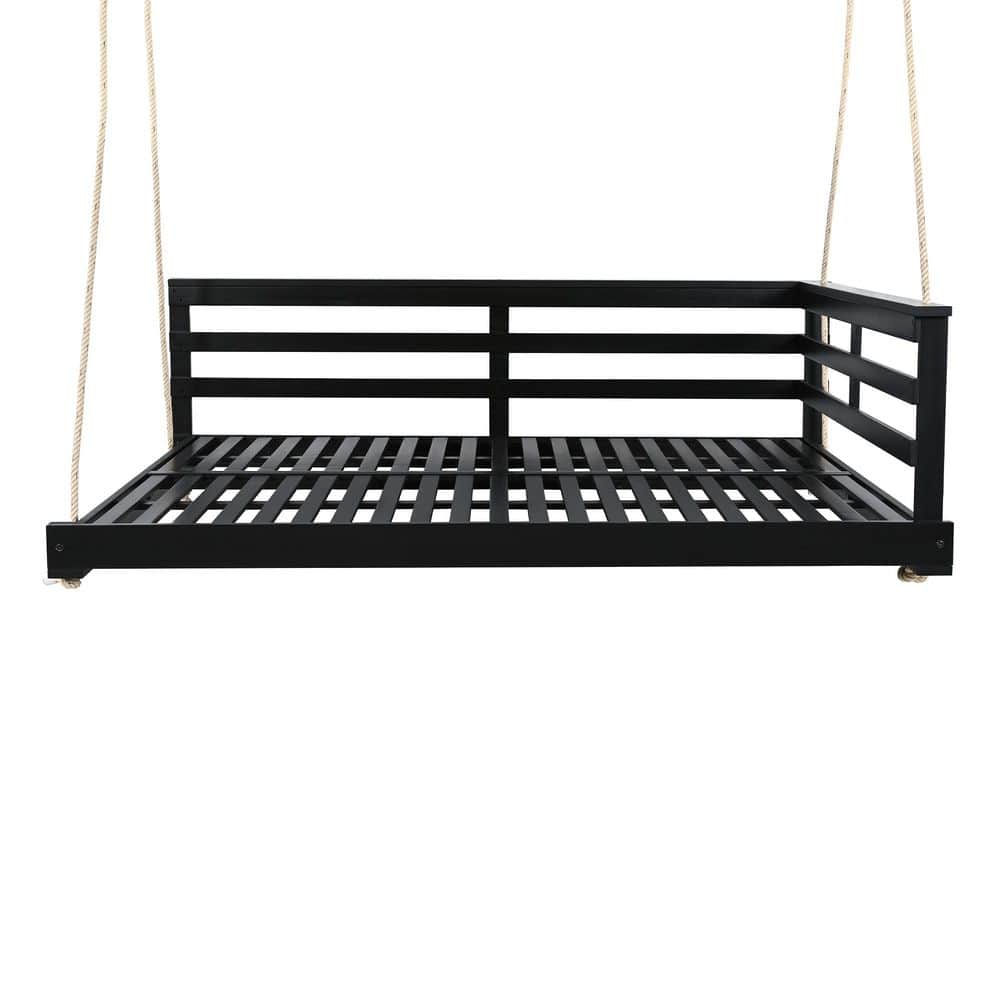 2-Person Black Acacia Wood Porch Swing Bed for Outdoor with Hemp Ropes, Full Size Patio Hanging Bed for Backyard, Garden price history on PriceWatchPro