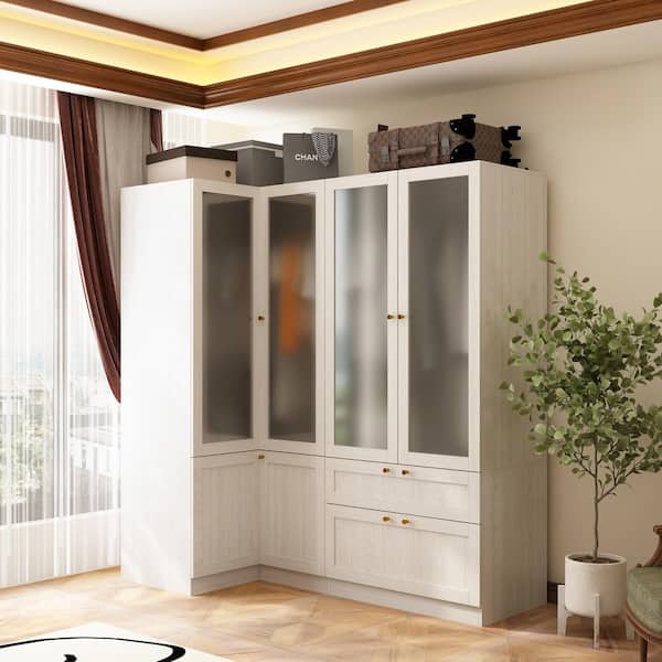 Light Oak Wood 66.9 in. Bedroom Wardrobe with Tempered Glass Doors, Corner Unit, Hanging Rod and Storage Drawers
