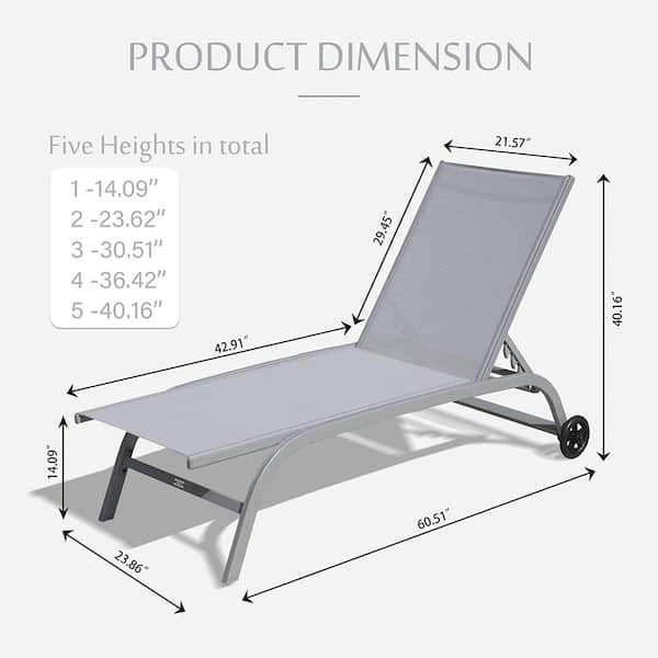 Aluminum 2-Piece Adjustable Armless Outdoor Chaise Lounge in Gray Seat with 2 Wheels for Poolside Sunbathing Lounger