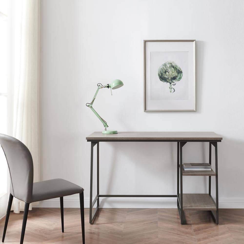 Design House Roughsawn Oak Desk with Gunmetal Frame and Tiered Shelves