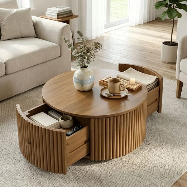 Mid-Century Modern 30.3 in. Walnut Round Fluted Drum Wood Coffee Table with Rolling Casters, 2 Drawers