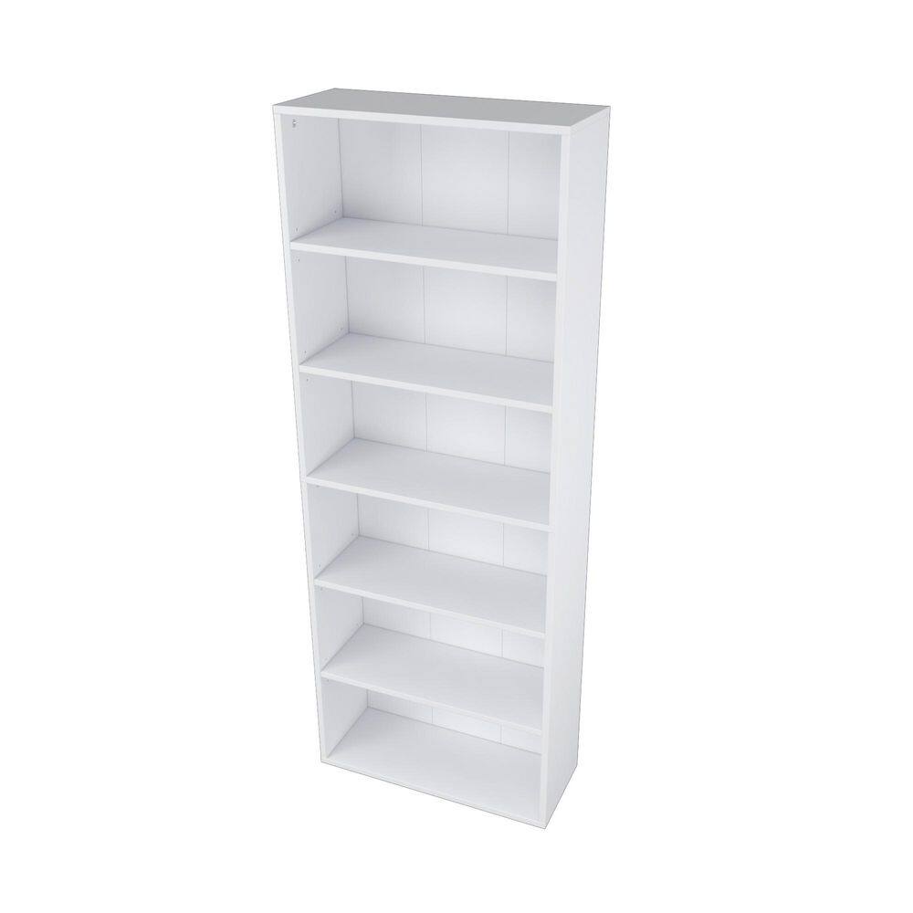 White wood bookcase standing alone on a light floor.