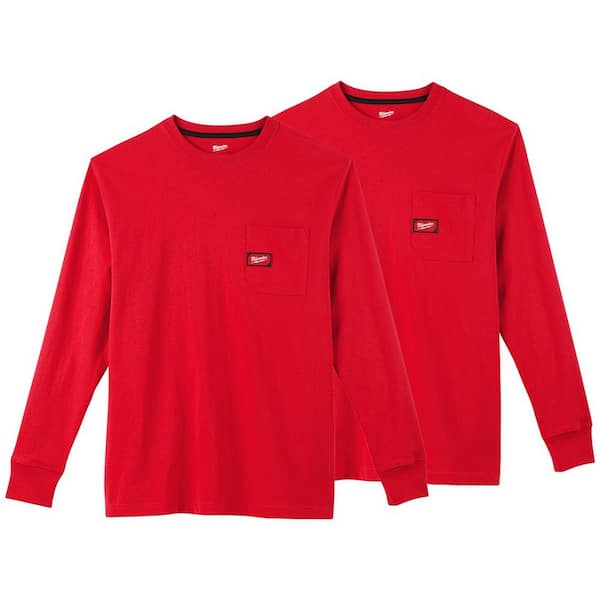 Milwaukee Men's Small Red Heavy-Duty Cotton/Polyester Long-Sleeve Pocket T-Shirt (2-Pack)