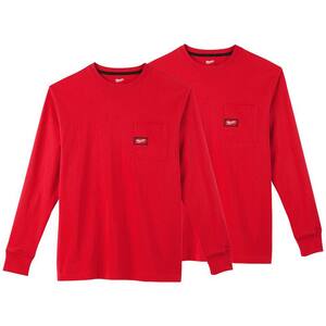 Men's X-Large Red Heavy-Duty Cotton/Polyester Long-Sleeve Pocket T-Shirt (2-Pack)