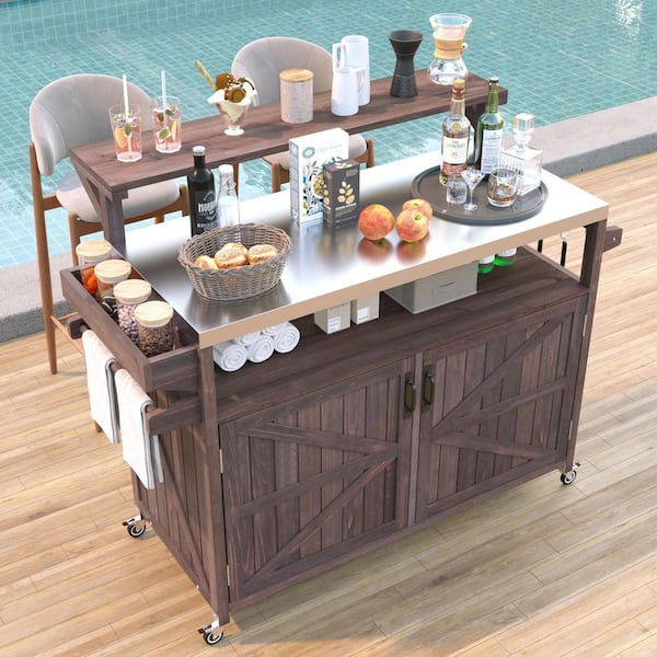 Unbranded Brown Stainless Steel 53.3 in. W Outdoor Kitchen Island with Raised Shelf, Internal Storage Rack
