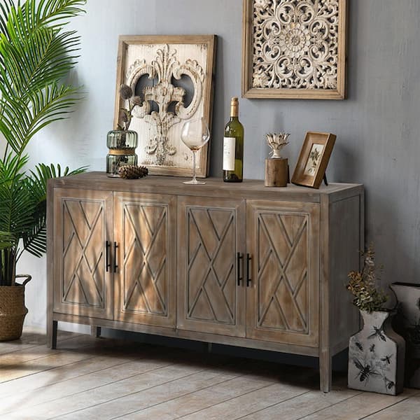 Unbranded 59.8 in. W x 15.5 in. D x 32.3 in. H Brown Linen Cabinet with 2 Adjustable Shelves and 4 Doors