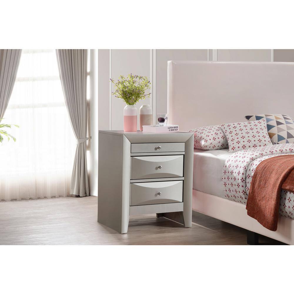 Marilla 3-Drawer Silver Champagne Nightstand (28 in. H x 23 in. W x 17 in. 