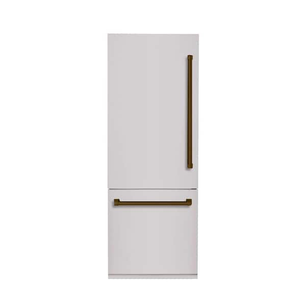 Hallman Bold 30 in. 16 CF TTL. Counter-Depth Built-in Bottom Mount Refrigerator, LH-Hinge in Stainless Steel with Bronze Trim