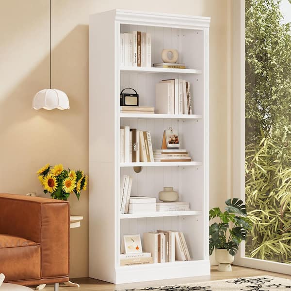83.4 in. Tall White Solid Wood Bookcase with Light Strip, Adjustable Shelves and Storage Organizer
