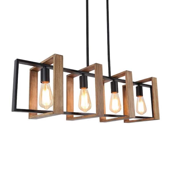 YANSUN 4-Light Farmhouse Matte Black and Barnwood Accents Linear Kitchen Island Chandelier