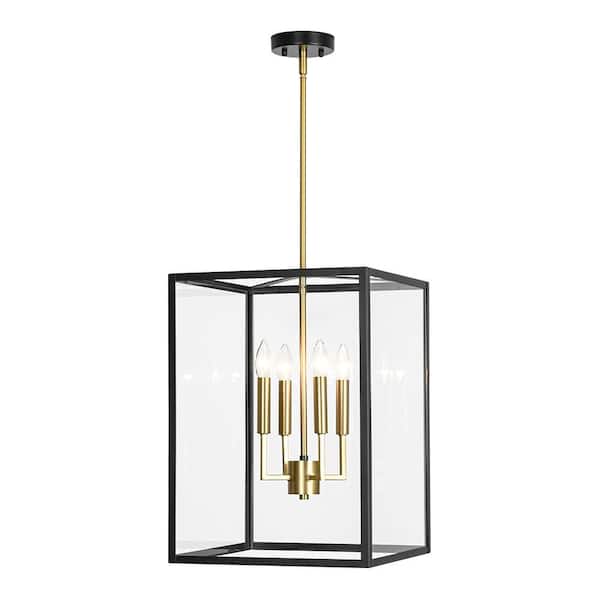 Puente 4-Light 15 in.W Matte Black Chandelier Square Rectangular Clear Glass Pendant Light with Brass Accent for Kitchen