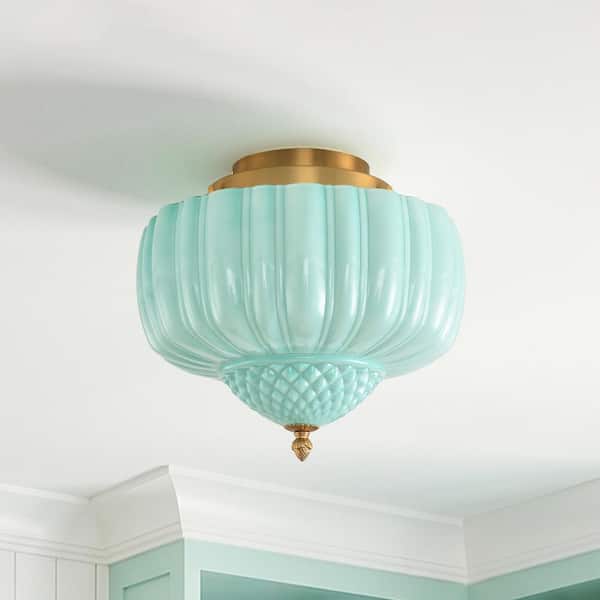 13.78 in. Modern Dome Antique Mint Green Glass Ceiling Light, Semi-Flush Mount Ceiling Light for Kitchen