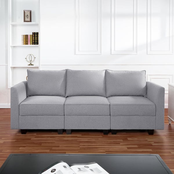 MAYKOOSH 87.01 in. Straight Arm 4-Piece Linen L-Shaped Sectional Sofa in Gray with Sofa Bed and 3 Ottomans