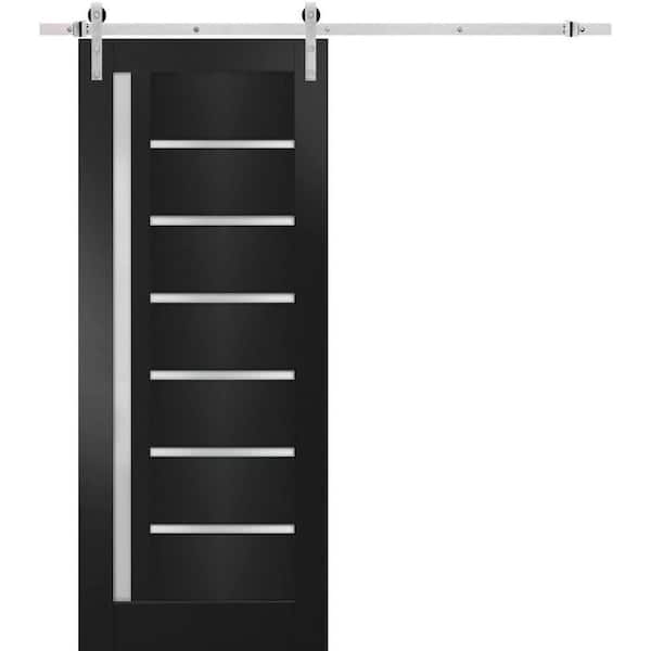 Sartodoors 30 in. x 80 in. 1 Panel Frosted Glass Black Matte Solid MDF Sliding Barn Door with Hardware Kit