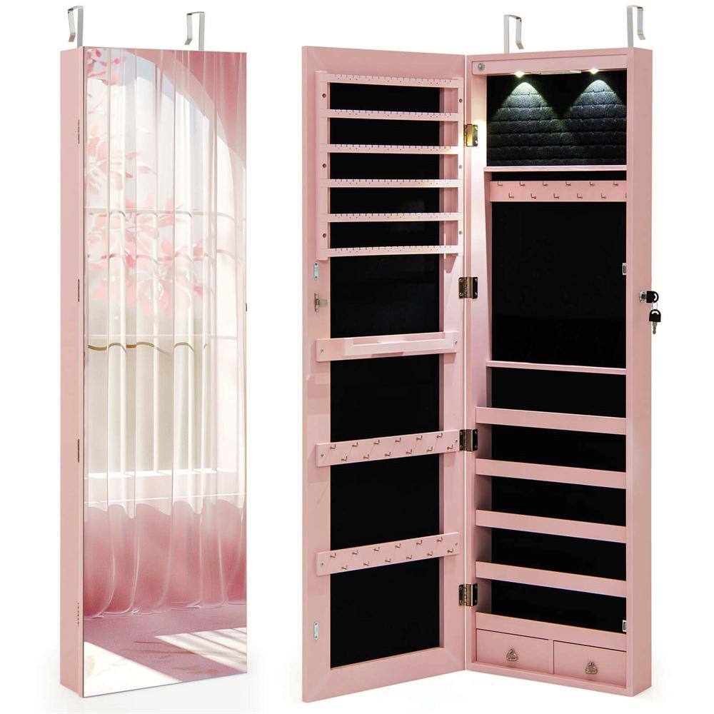Costway Pink MDF Mirrored Wall & Door Mounted Jewelry Storage