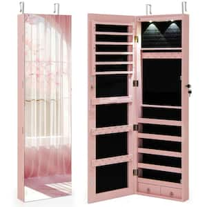 Pink MDF Mirrored Wall & Door Mounted Jewelry Cabinet Storage Organizer with Lights&Drawer