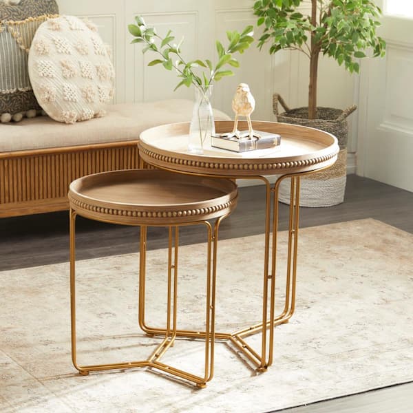 Litton Lane 24 in. Brown Beaded Nesting Large Round Wood End Accent Table with Gold Metal Base (2- Pieces)
