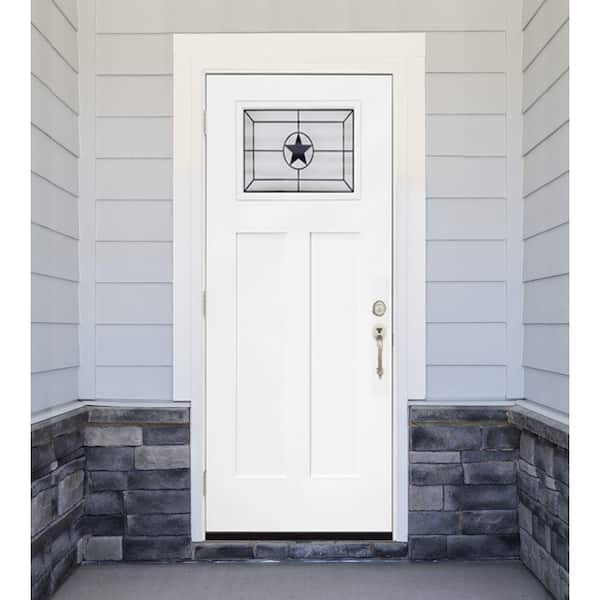 36 in. x 80 in. Legacy Series Alamo Toplite Decorative Glass White Primed RH Outswing Fiberglass Prehung Front Door