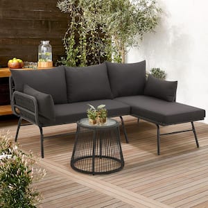 3-Piece Outdoor Patio Furniture Sets, L-Shaped Sectional Wicker Conversation Sets with Thick Cushions in Black