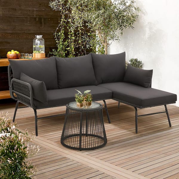 EROMMY 3-Piece Outdoor Patio Furniture Sets, L-Shaped Sectional Wicker Conversation Sets with Thick Cushions in Black