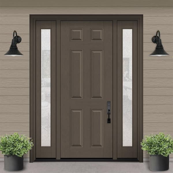 Regency 64 in. x 96 in. 6-Panel LHIS Ashwood Stain Mahogany Fiberglass Prehung Front Door w/Rain 12 in. SLs 6-9/16