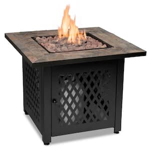 30 in. W Steel Frame Slate Tile Mantel LP Gas Fire Pit with Electronic Ignition and Lava Rock