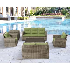 6-Piece Wicker Rattan Patio Sofa Seating Group with Green Cushions