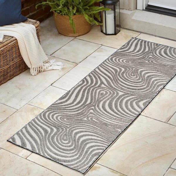 JONATHAN Y Maribo High-Low Abstract Groovy Striped Gray/Ivory 2 ft. x 8 ft. Indoor/Outdoor Runner Rug