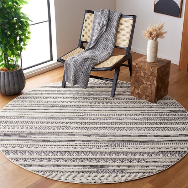 SAFAVIEH Urban 7 ft. x 7 ft. Gray/Ivory Striped High-Low Round Area Rug ...