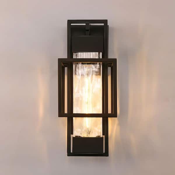 1-Light Textured Black Outdoor Wall Lantern Sconce with Water Glass and T10 Bulb Hardwired Exterior Light with Photocell