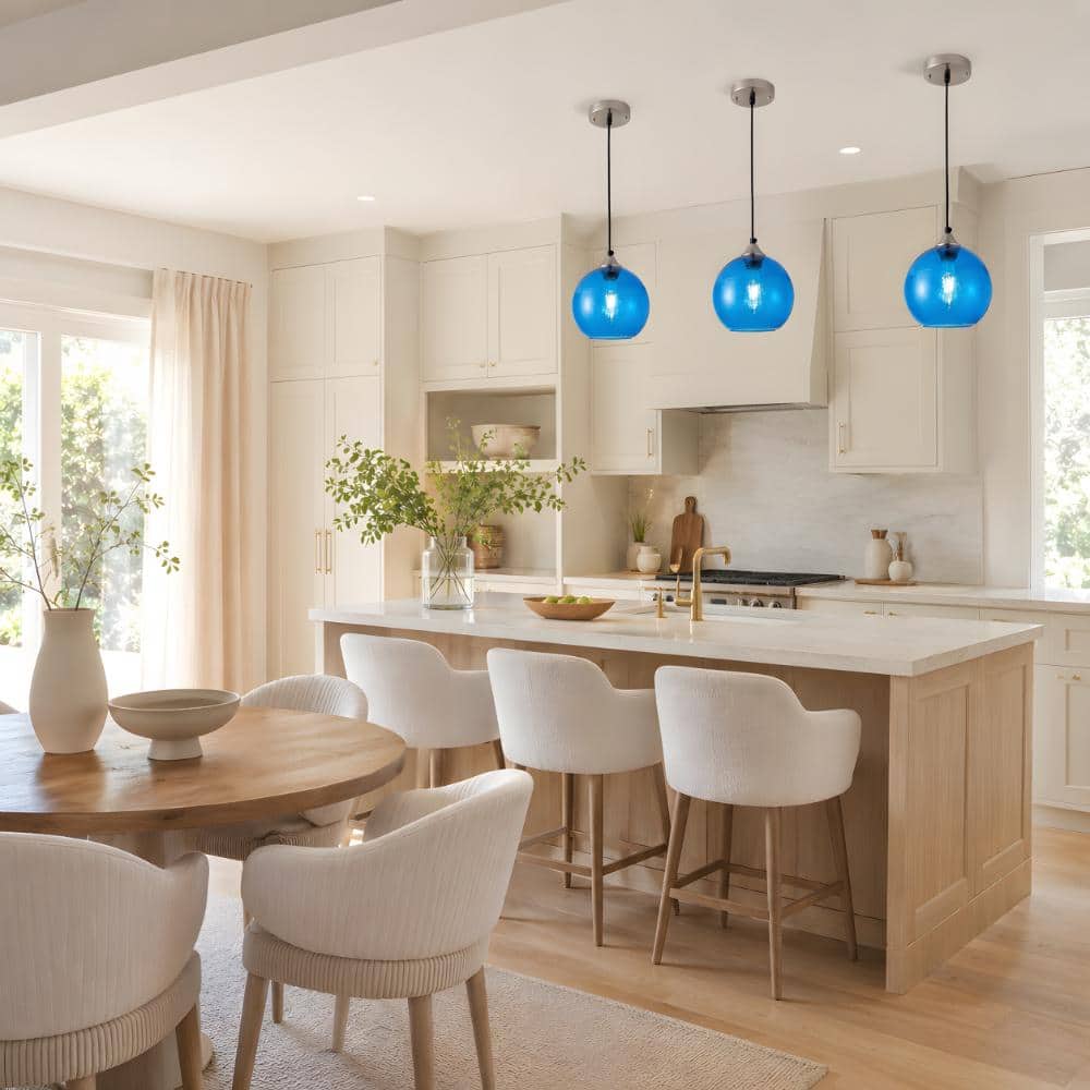 7.9 in. 1-Light Blue Glass Pendant Light for Kitchen Islands and Dining Rooms