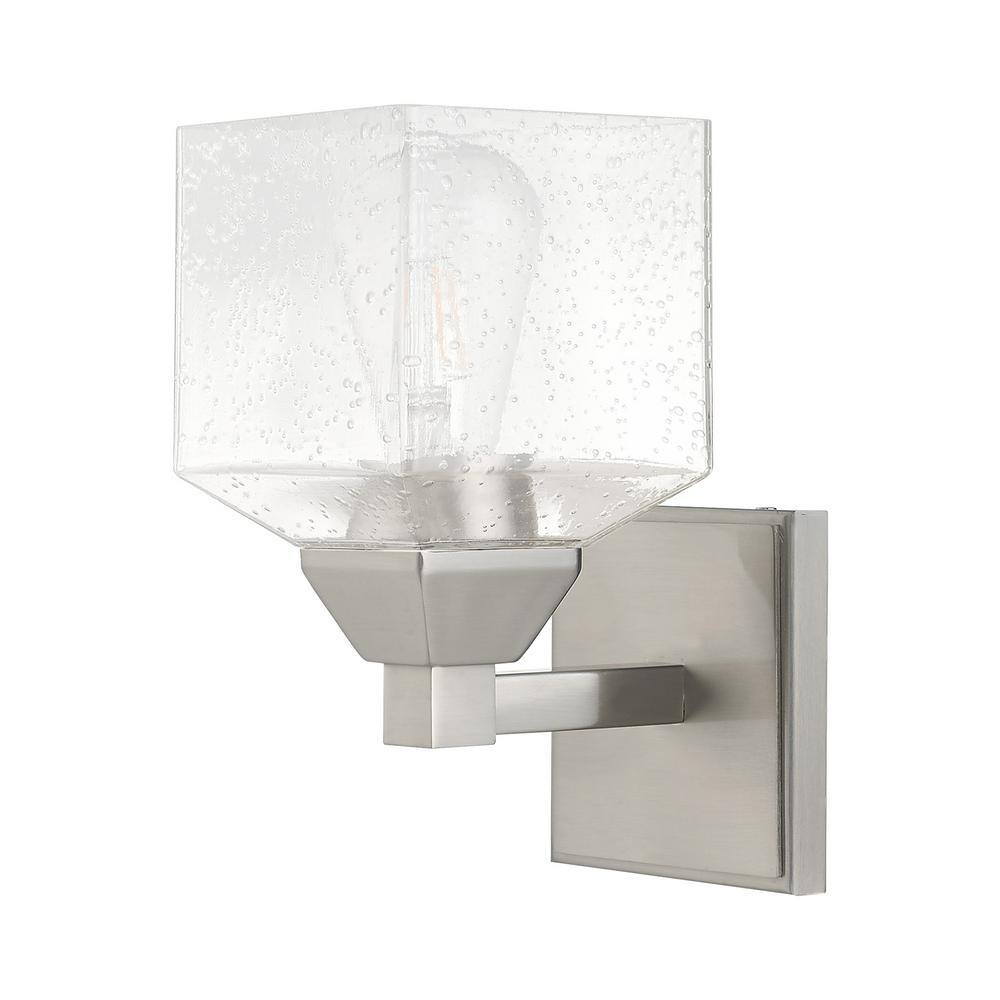 Brushed Nickel Dimmable Wall Sconce with Hand Blown Clear Seeded Glass