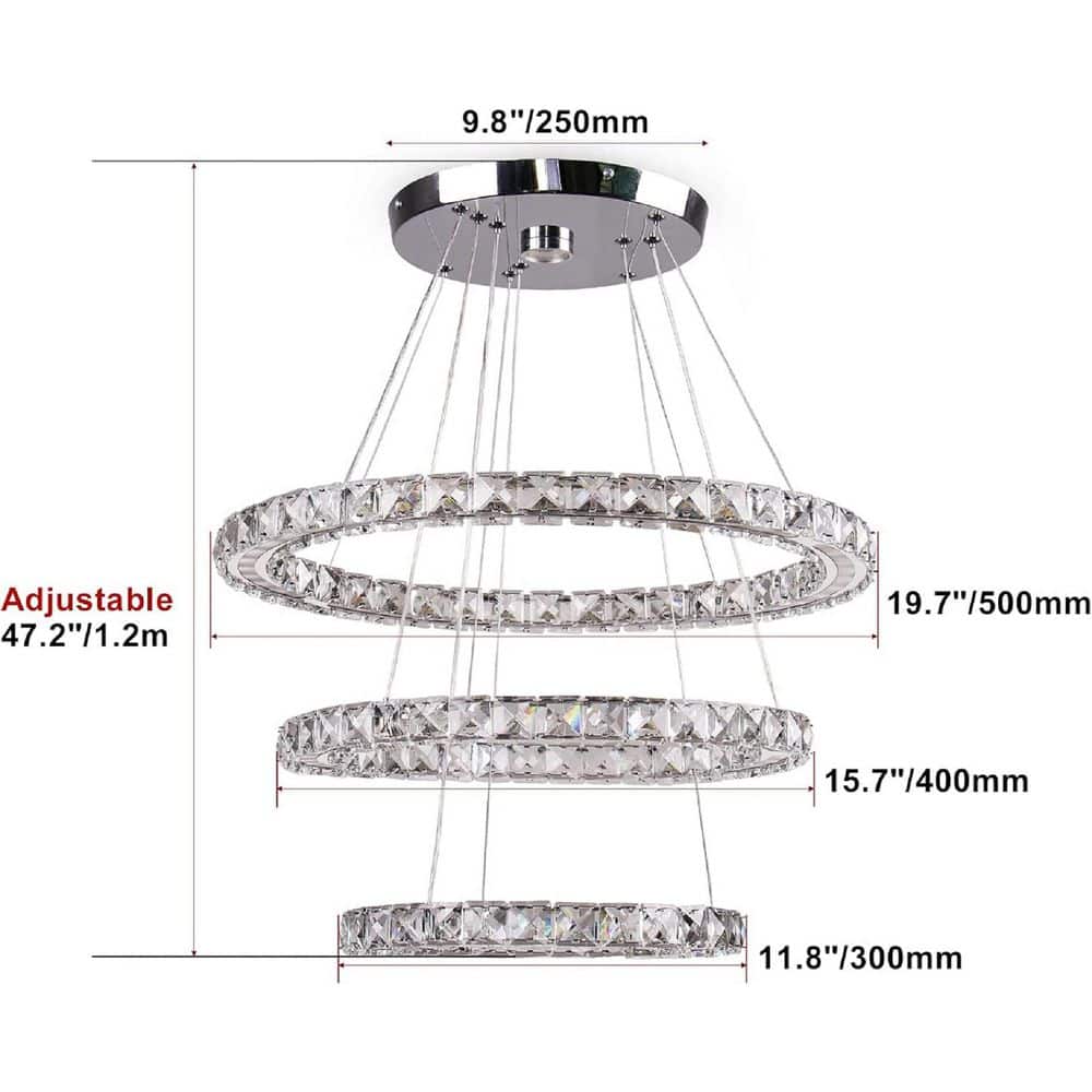 3-Light Integrated LED Chrome Modern Chandelier Pendant Tiers Rings Adjusta
