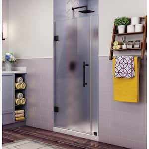 Belmore 27.25 in. to 28.25 in. x 72 in. Frameless Hinged Shower Door with Frosted Glass in Matte Black