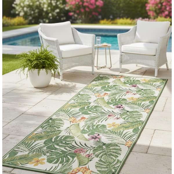 Dolce Flowering Fern Ivory-Hunter Green 2 ft. x 8 ft. Indoor/Outdoor Runner Rug