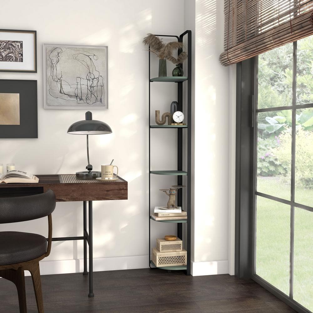 Naija Sage Green 71" Minimalist Corner Bookcase with Black Metal Frame