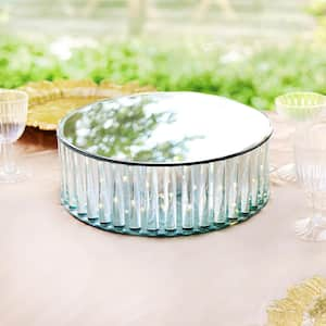 1-Tier Clear Round Mirror LED Fairy Light Up Glass Columns Cake Stand Dessert Display Tray 12 in.