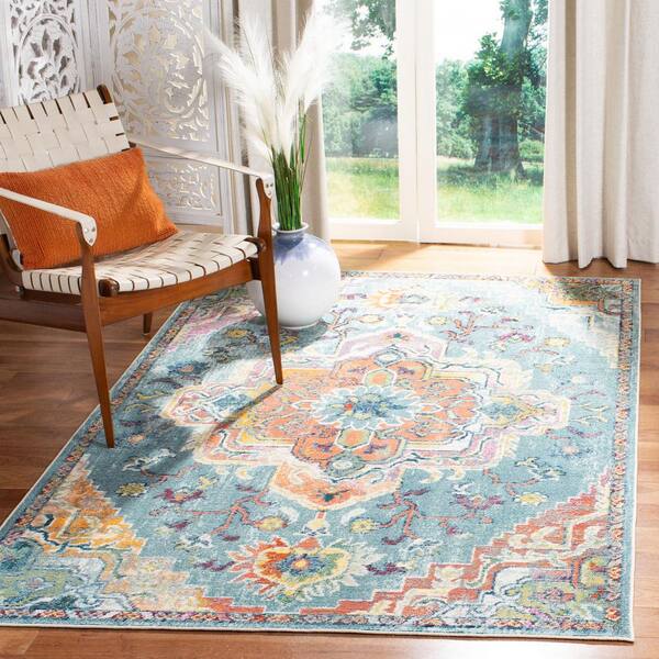 Crystal Teal/Orange 5 ft. x 5 ft. Square Border Area Rug