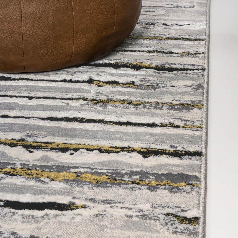 Gray and Black Rectangular Synthetic Stripe Area Rug, 8' x 10'
