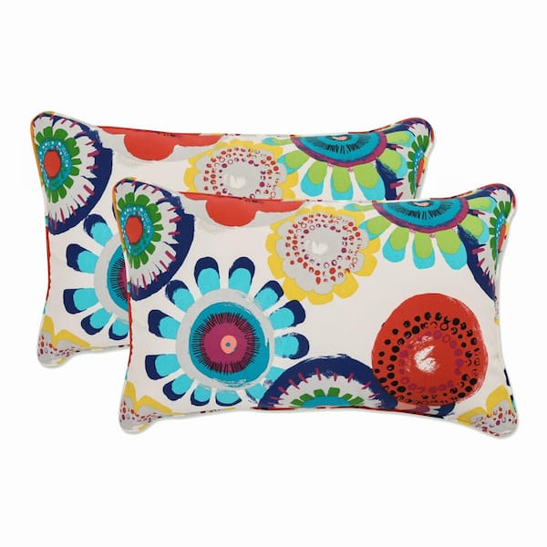 Floral Blue Rectangular Outdoor Lumbar Throw Pillow 2-Pack