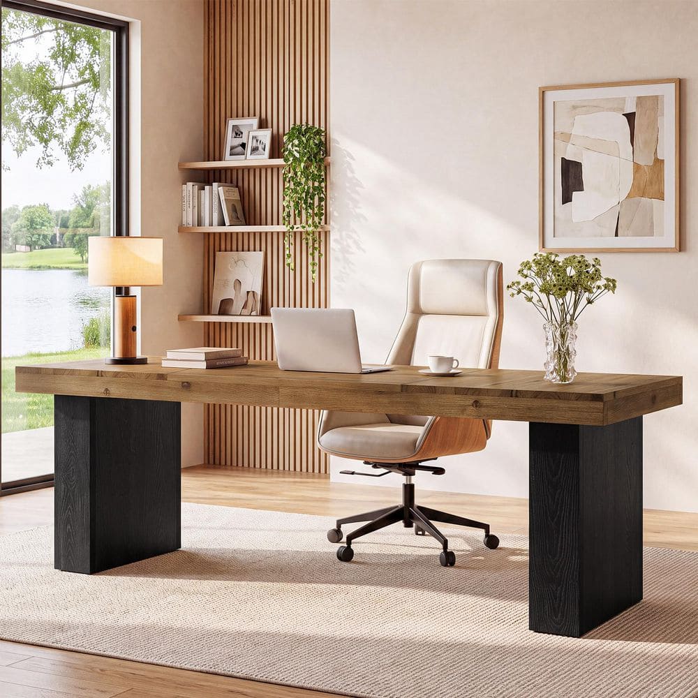 Moronia 79 in. Rectangular Natural Oak Black Solid Wood Executive Desk with Thick Desktop,Computer Desk for Home Office