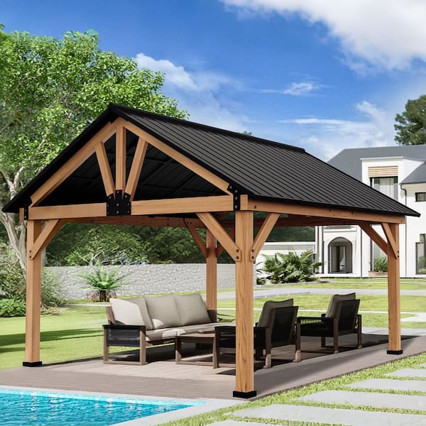 15 ft. x 13 ft. Outdoor Patio Solid Cedar Wood Hardtop Gazebo with Black Galvanized Steel Roof and Ceiling Hook