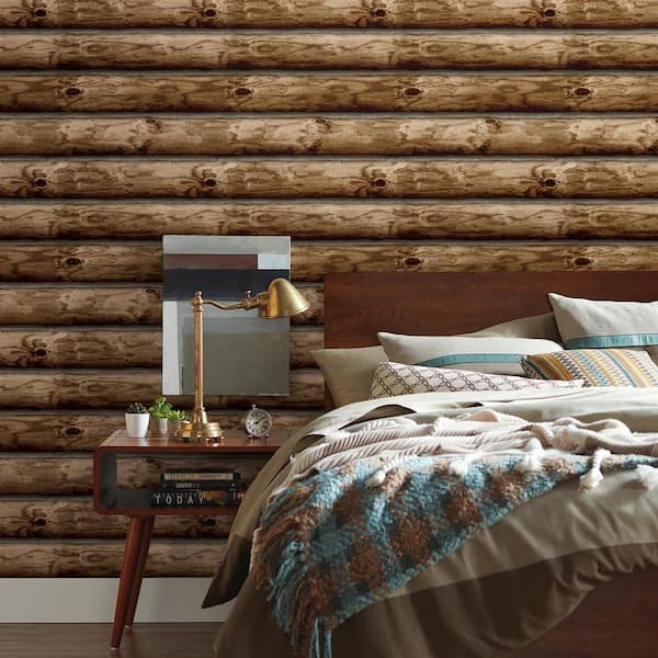 Cabin Logs Brown Vinyl Peel & Stick Wallpaper Roll (Covers 28.18 Sq. Ft.)