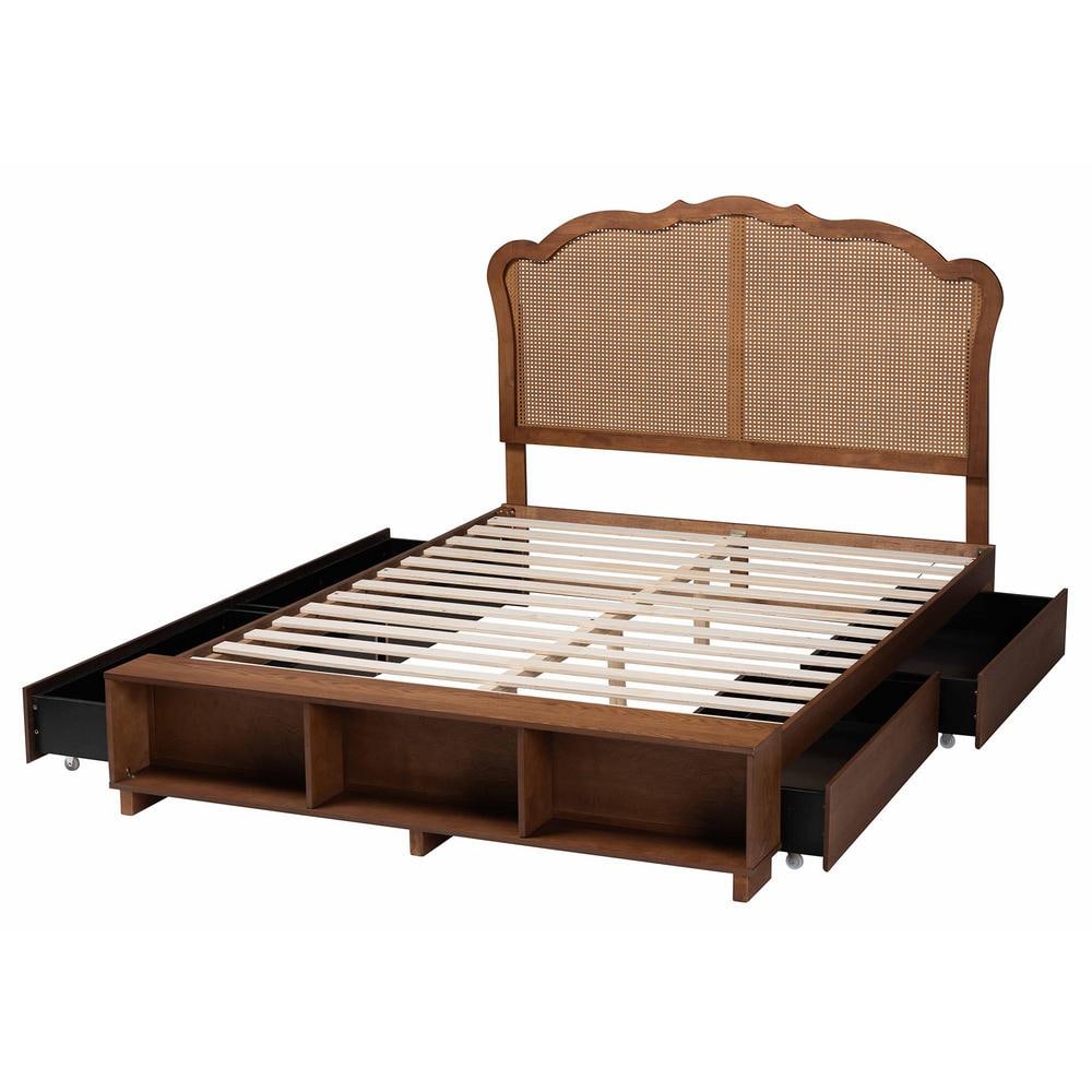 Latrell Walnut Brown Wood Queen Bed with Rattan Headboard and Storage
