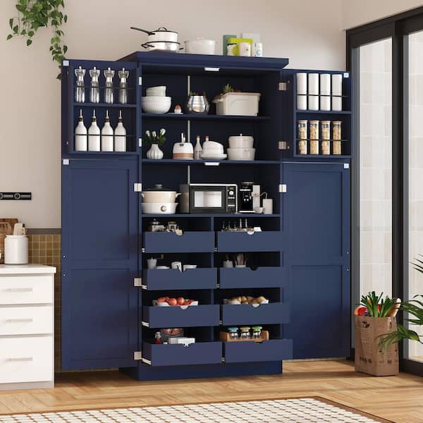 Messer Blue Wood 35.5 in. Buffet Sideboard Tall Accent Storage Cabinet with Pull-Out Trays, Adjustable Shelves, Doors