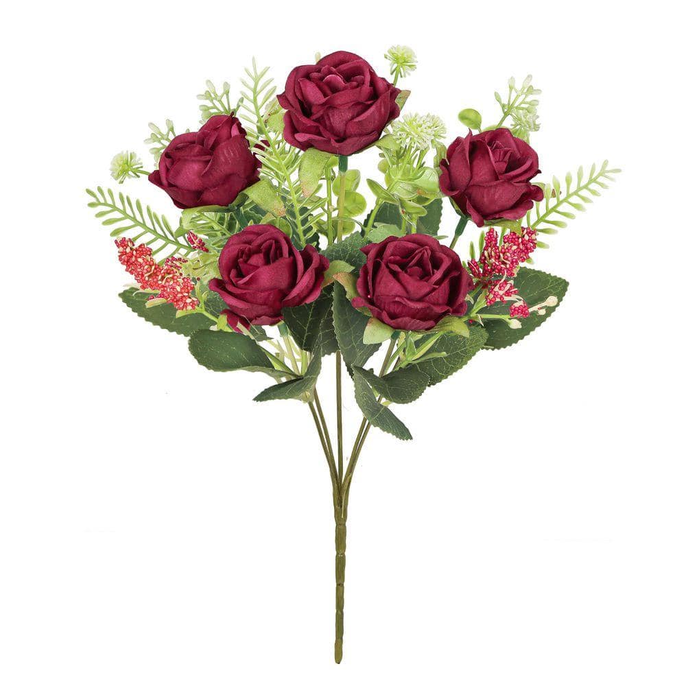 LIVING LUXURY 12 in. Petite Burgundy Red Artificial Rose Flower