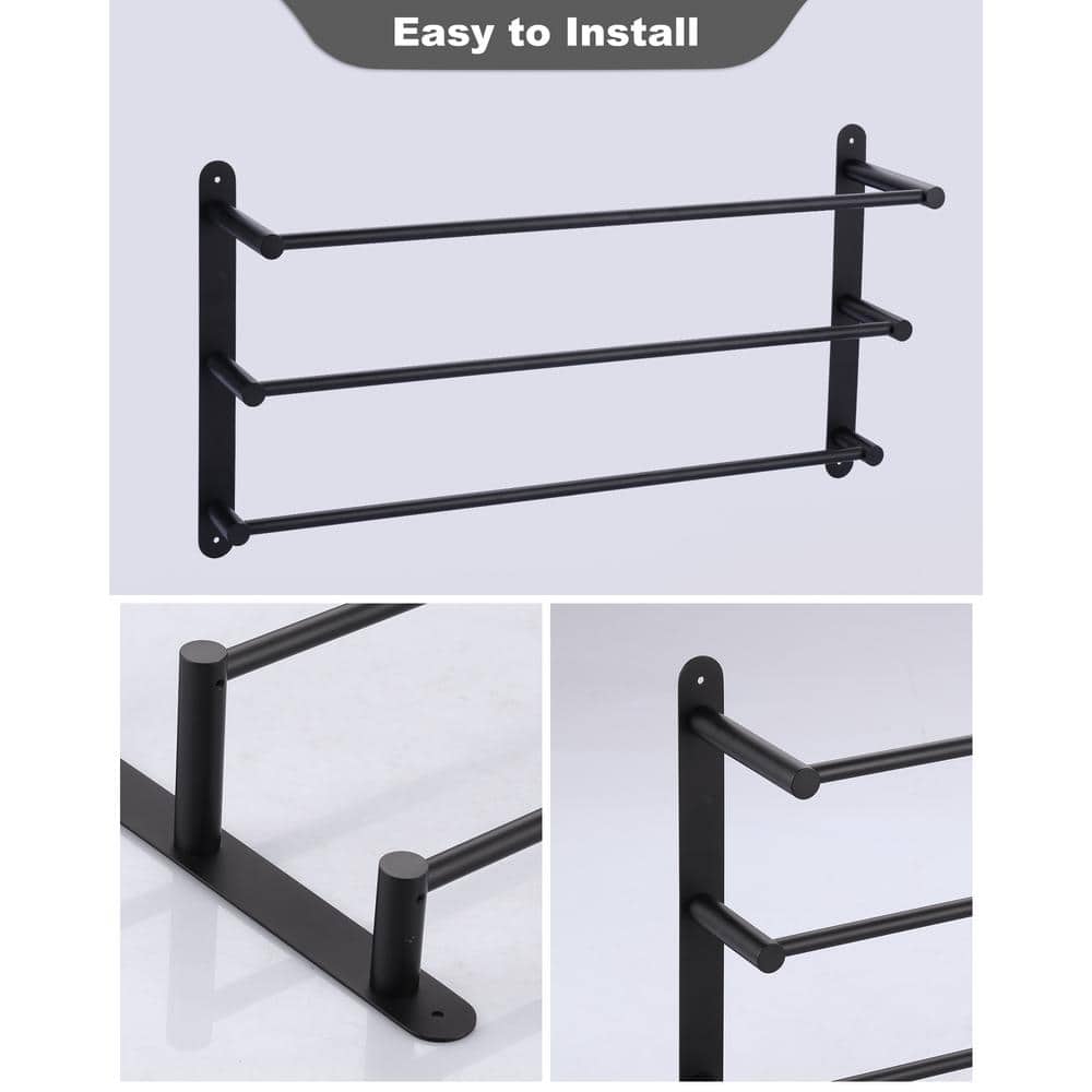 24 Inch Matte Black Stainless Steel 3-Tier Wall Mounted Towel Rack