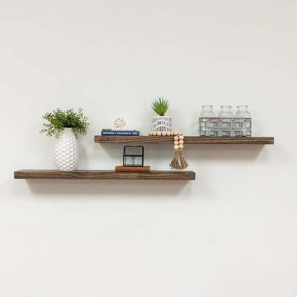 Del Hutson Designs True Floating 5.5 in x 36 in x 2 in Dark Walnut Pine Floating Decorative Wall Shelf with Brackets (Set of 2)
