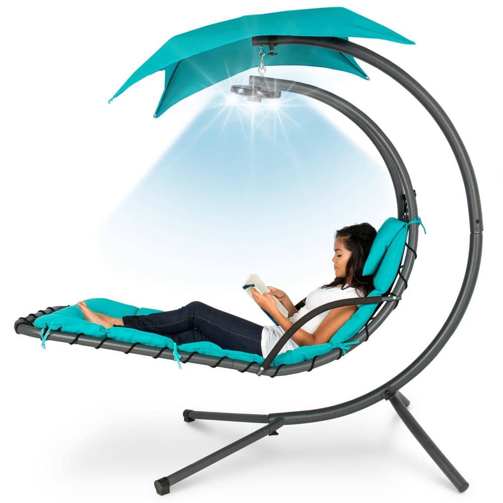 Teal Hanging LED-Lit Curved Chaise Lounge Chair with Canopy and Stand
