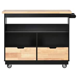 43 in. Black Kitchen Cart Rolling Mobile Kitchen Island Solid Wood Top for Kitchen Dining Room Bathroom